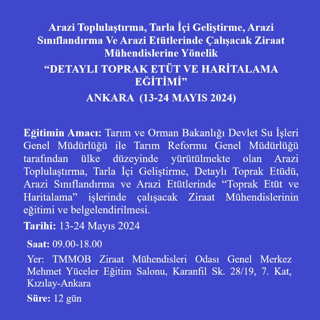 DETAYLI TOPRAK ETÜT VE HARİTALAMA EĞİTİMİ- ANKARA (13-24 MAYIS 2024)