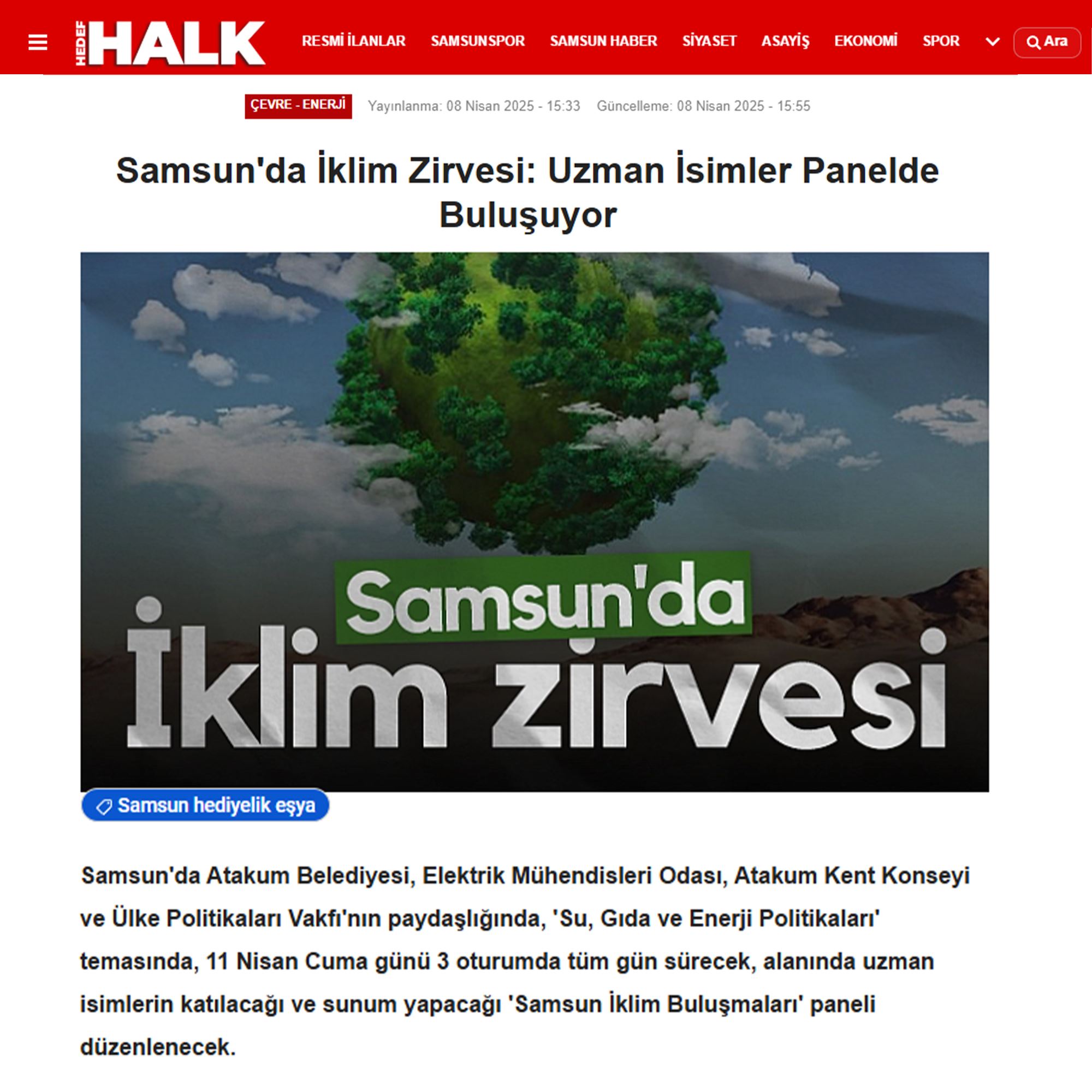 HEDEF HALK GAZETESİ: SAMSUN'DA İKLİM ZİRVESİ: UZMAN İSİMLER PANELDE BULUŞUYOR - 8 NİSAN 2025