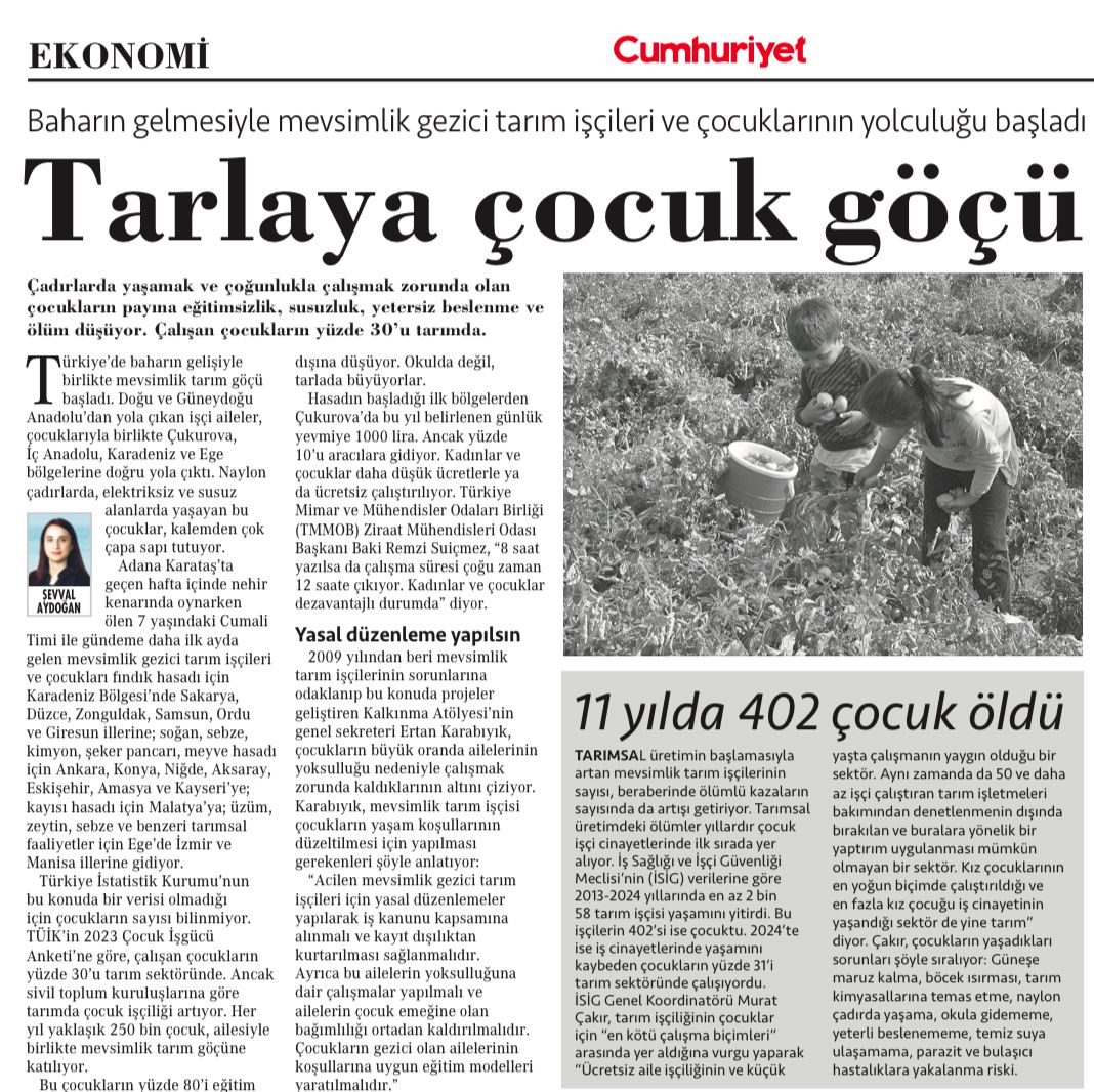 İSİGMECLİSİ.ORG: BAHARIN GELMESİYLE MEVSİMLİK GEZİCİ TARIM İŞÇİLERİ VE ÇOCUKLARININ YOLCULUĞU BAŞLADI: TARLAYA ÇOCUK GÖÇÜ- 21 NİSAN 2025