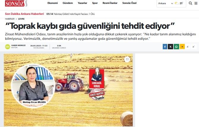 SONSÖZ GAZETESİ: “TOPRAK KAYBI GIDA GÜVENLİĞİNİ TEHDİT EDİYOR”- 30 MAYIS 2025