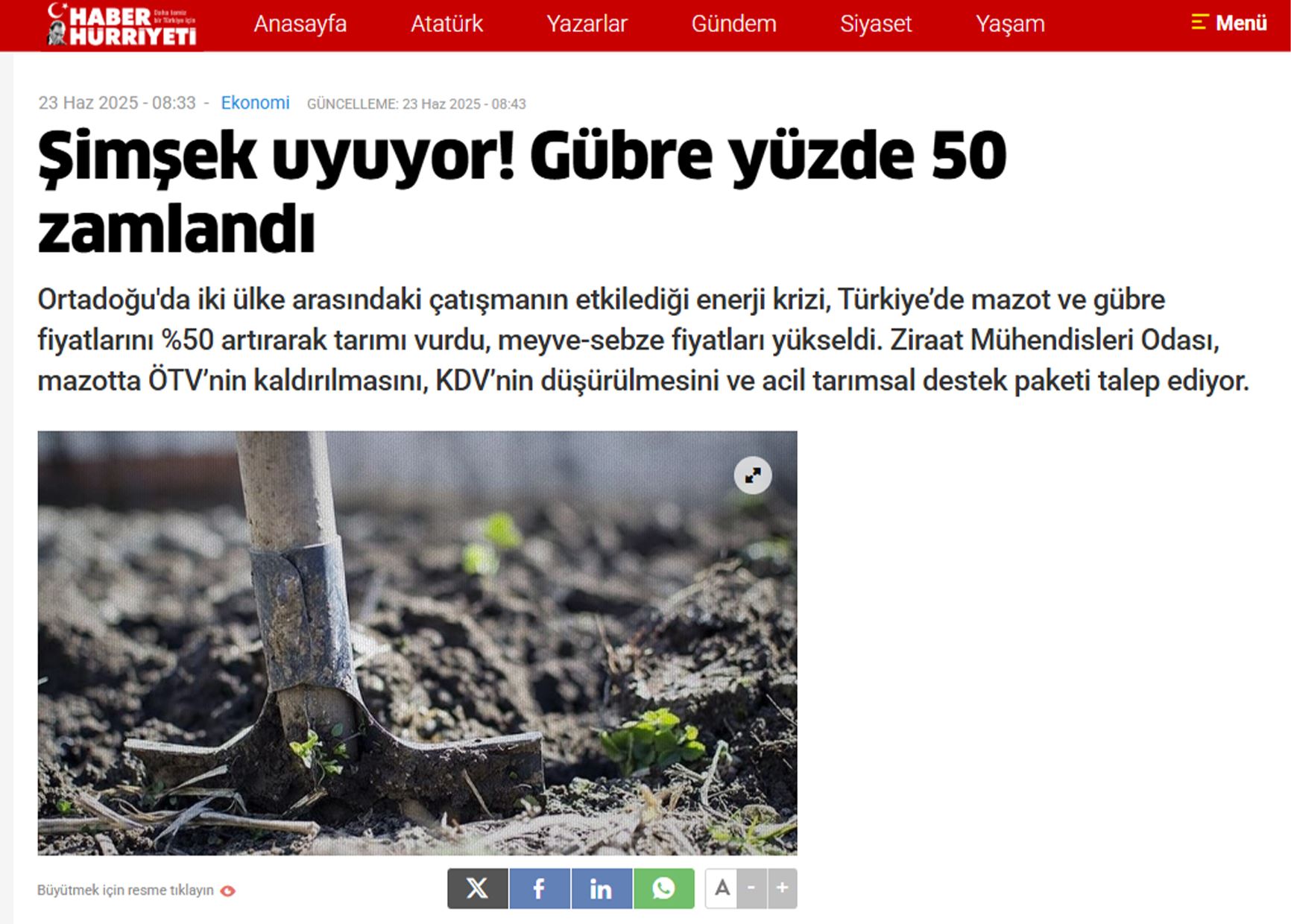 HABER HÜRRİYETİ GAZETESİ: ŞİMŞEK UYUYOR! GÜBRE YÜZDE 50 ZAMLANDI - 23 HAZİRAN 2025