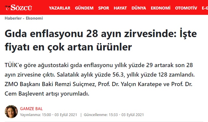 SÖZCÜ GAZETESİ: GIDA ENFLASYONU 28 AYIN ZİRVESİNDE: İŞTE FİYATI EN ÇOK ARTAN ÜRÜNLER- 3 EYLÜL 2021
