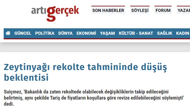 ARTIGERÇEK: ZEYTİNYAĞI REKOLTE TAHMİNİNDE DÜŞÜŞ BEKLENTİSİ- 15 KASIM 2021