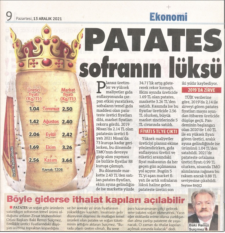 SÖZCÜ GAZETESİ: PATATES SOFRANIN LÜKSÜ- 13 ARALIK 2021